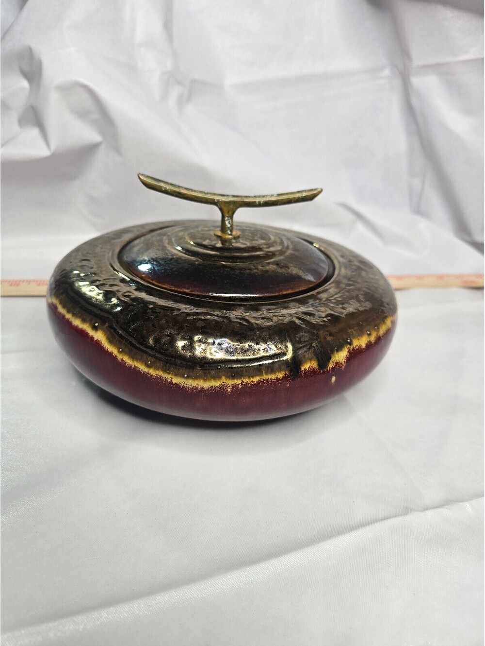 Vintage Ceramic Covered Dish with Unique Handle and Multi-Tone Glaze - 12x6"
